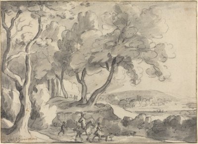Cavaleiro e atendentes à beira de um bosque de Roelant Roghman