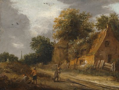 Três figuras passando ao longo de uma estrada antes de uma casa de campo de Roelof Jansz van Vries