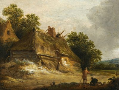 Duas figuras passando pela estrada antes de uma casa de campo de Roelof Jansz van Vries
