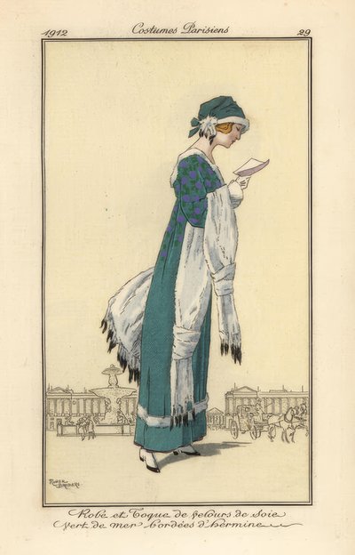 Mulher a ler uma carta com vestido de veludo e toque. de Roger Broders