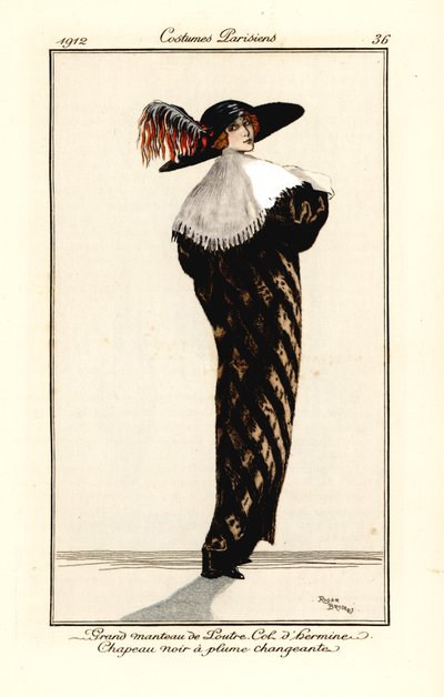 Mulher com casaco comprido de pele de lontra com gola de arminho, chapéu preto com plumas multicoloridas, gravura segundo uma ilustração de Roger Broders do Journal des Dames et des Modes de Tommaso Antongini, Aux Bureaux du Journal des Dames, Paris de Roger Broders