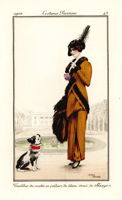 Mulher em traje matinal de veludo de lã com pele de doninha e cão de estimação Tailleur du matin en velours de laine orne de skungs. Gravura em água-forte (stencil) colorida à mão, segundo uma ilustração de Roger Broders do "Journal des Dames et des de Roger Broders