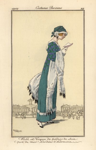 Mulher a ler uma carta com vestido e chapéu de veludo de seda verde-mar debruado a arminho. Xaile e cachecol de arminho, gravura a água-forte pochoir (stencil) colorida à mão segundo uma ilustração de Roger Broders do Journal des Dames et des Modes de Tomm de Roger Broders