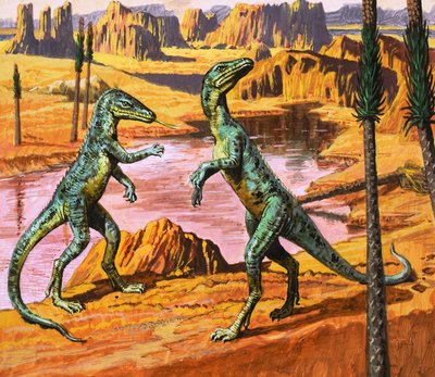 Saltoposuchus, ilustração de "In the Days of the Dinosaurs, Discovery in the Desert", 1980 (guache sobre papel) de Roger Payne