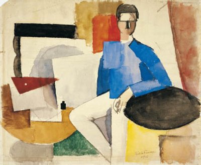 Composição cubista com um homem sentado em uma mesa de Roger de La Fresnaye
