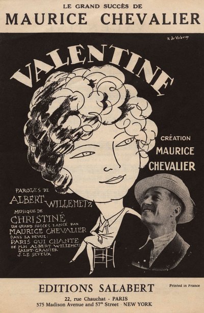 Capa da partitura do grande êxito de Maurice Chevalier "Valentine" letra de Albert Willemetz música de Christine editions Salabert, c.1925 (impressão) de Roger de Valerio