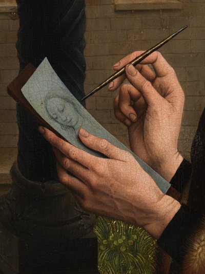 Detalhe de São Lucas desenhando o retrato da Virgem (óleo sobre painel) de Rogier van der (after) Weyden