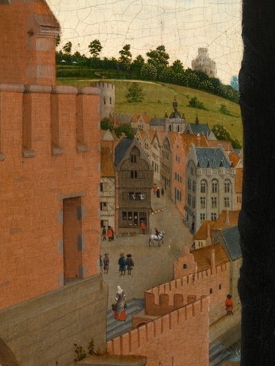 Detalhe de São Lucas desenhando o retrato da Virgem (óleo sobre painel) de Rogier van der (after) Weyden