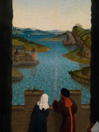 Detalhe de São Lucas desenhando o retrato da Virgem (óleo sobre painel) de Rogier van der (after) Weyden