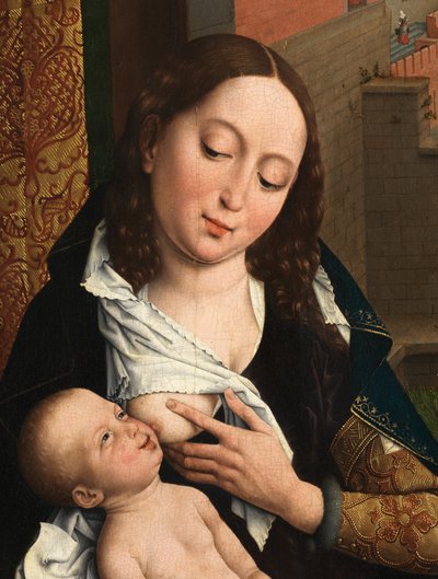 Detalhe de São Lucas desenhando o retrato da Virgem (óleo sobre painel) de Rogier van der (after) Weyden