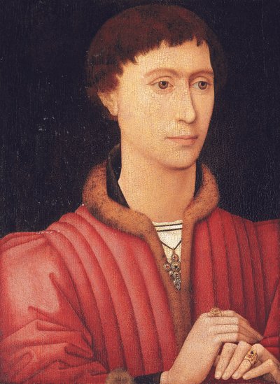 Retrato de um jovem, na altura do busto, em um gibão vermelho debruado de pele, c.1450-60 (óleo no painel) de Rogier van der (circle of) Weyden