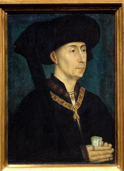 Retrato de Filipe III de Borgonha chamado Filipe o Bom (1396-1467) Ele tem a decoração da Ordem do Tosão de Ouro. Pintura de Roger (Rogier) van der Weyden (1400-1464) 1445 Dim. 0,31x0,23 m Dijon, musee des Beaux Arts - Retrato de Filipe II de Rogier van der Weyden