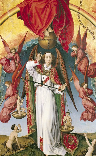 São Miguel, Pesando as Almas, do Juízo Final, c.1445-50 (detalhe de 170072) de Rogier van der Weyden