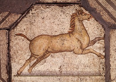 Um cavalo, detalhe de Orfeu Encantando os animais (mosaico) de Roman