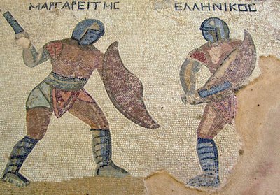 Uma luta entre dois Gladiators, House of the Gladiators, Kourion, Chipre (mosaico) de Roman