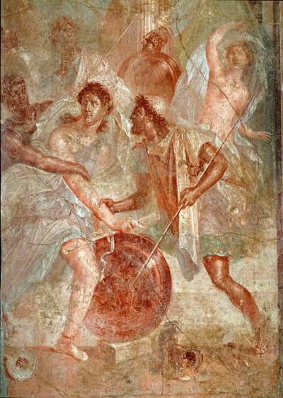 Aquiles, disfarce de mulher, é reconhecido por Ulisses entre as filhas de Lycomede a Scyros Fresco de Pompéia. Século I d.C. Dim. 145,5x137,5 cm Nápoles, museu nacional de arqueologia - Arte Romana. Luta violenta entre o povo de Pompéia e Nocer. de Roman