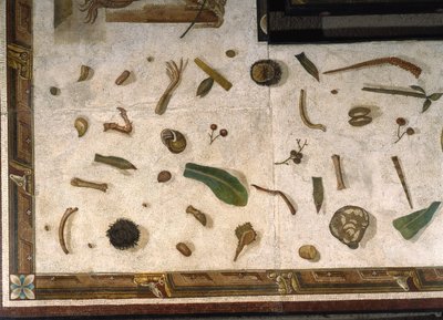 "Asarotos" (Floor unswept) Fragmentos de mosaico assinado por Harakliton de Roma, século II d.C., Roma de Roman