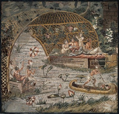 Banquete sob uma pérgula perto do Nilo - Detalhe do Mosaico do Nilo de Palestrina - século III aC - Mosaico do Nilo de Palestrina - século III aC, 95x102 cm - Staatliche Museen, Berlim de Roman
