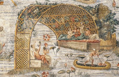 Banquete sob pérgola, detalhe do mosaico nilótico de inundação do rio Nilo no Egito, do Santuário de Fortuna Primigenia em Palestrina, Lazio, Itália, civilização romana de Roman