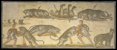 Batalha entre Gladiadores e Wildcats, 320 dC (mosaico) de Roman