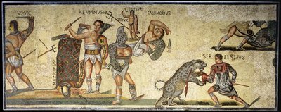 Batalha entre Gladiadores e Wildcats, 320 dC (mosaico) de Roman