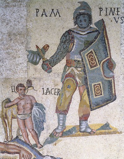 Batalha entre gladiadores, detalhe de um gladiador armado com um punhal e um escudo, 320 dC (mosaico) de Roman