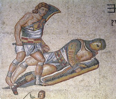 Batalha entre Gladiators, detalhe de um gladiador prendendo outro no chão, 320 dC (mosaico) de Roman