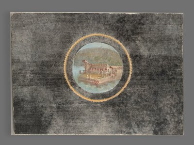 Fragmento de afresco com fundo preto com paisagem em Tondo, 50-79 DC (afresco) de Roman