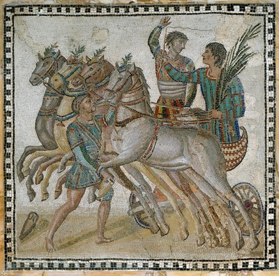 Prova de carruagem (quadriga) com os carruagens em posição de partida e um noivo perto do cavalo branco (em primeiro plano) - Mosaico, século III de Roman