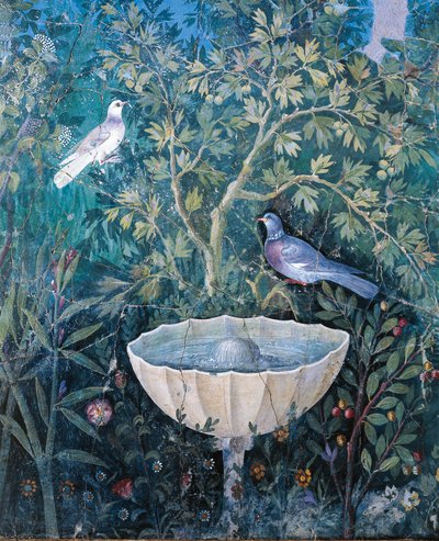 Detalhe de uma fonte e pássaros de uma pintura de jardim, Casa da Pulseira de Ouro, Pompeia de Roman