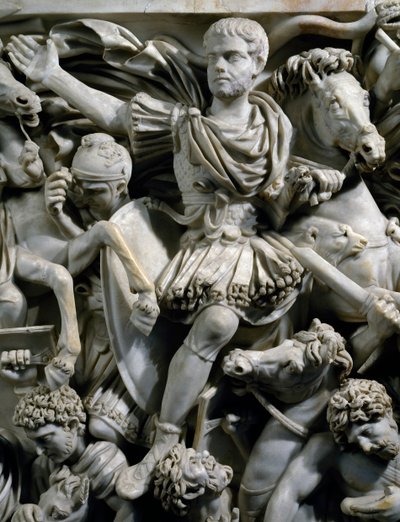 Retrato equestre de Hostilianus, filho do Imperador Decius, junto com seus guardas a cavalo, detalhe de O Grande Sarcófago Ludovisi com relevo retratando a batalha entre romanos e ostrogodos, cerca de 260, Civilização Romana, século III de Roman