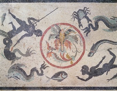 Pescadores e criaturas do mar, século I dC (mosaico) de Roman