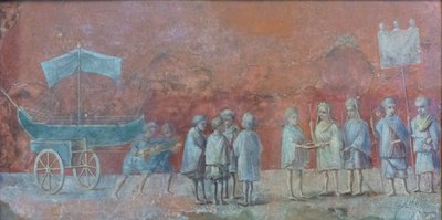Fragmento fresco de um calendário representando a navegação Isidis, um festival propiciatório realizado no início de uma viagem e representando o mês de Março do século III d.C. (fresco) de Roman