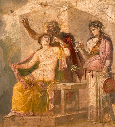 Fresco com um tema erótico representando uma cena Dionisíaca, de Pompeia (Património Mundial da UNESCO) de Roman