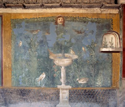 Fresco com fonte, máscara e pássaros, Casa de Vénus em Concha, Pompeia (Lista do Património Mundial da Unesco) de Roman