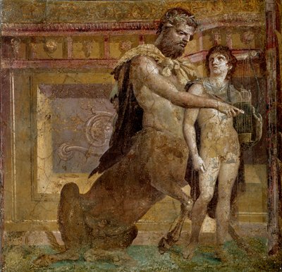 Mitologia grega: o centauro Chiron e Achilles criança. Fresco da Basílica de Herculanum (Basílica de Ercolano). Arte Romana Nápoles, Museo Archeologico Nazionale - Mitologia grega: o centauro Chiron e Aquiles criança ou a Educação de Aquiles por C de Roman