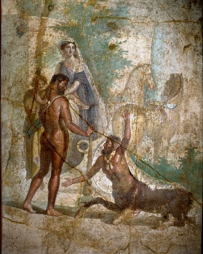 Hércules, Dejanire e o centauro Nessus" O centauro Nessos remove o Dejanire mas Hércules salva-a perfurando as suas setas temperadas do veneno da Hidra de Lerne. Afresco romano depois de um original grego do século III a.C. Início da 1ª c de Roman