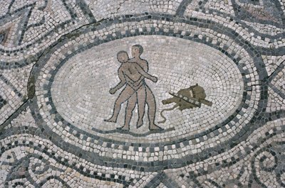 Hércules e Anteu, do chão da "Casa de Hércules" (mosaico) de Roman
