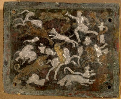 Placa incrustada: cenas de caça em bronze e incrustações de prata e cobre feitas de 350-400 d.C., Roma antiga. da Itália. Império Romano. Paris, Musee Du Louvre de Roman