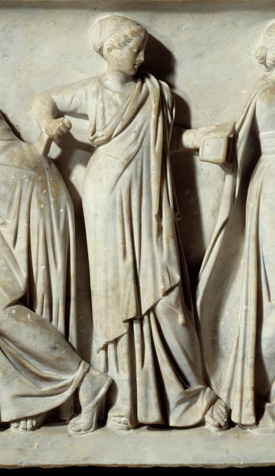 La muse Calliope, detalhe do sarcófago das musas: representação das musas das artes e das letras. Escultura em mármore. 150 D.C. Paris, Museu do Louvre. de Roman