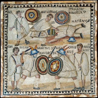 Mosaico representando a luta entre dois equites chamados Simmachius e Maternus, romanos, século III dC de Roman
