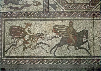Pavimento em mosaico da vila romana em Low Ham, ilustrando a história de Dido e Enéias de Virgils Aeneid, detalhe de mosaico c.350 AD de 5959 de Roman