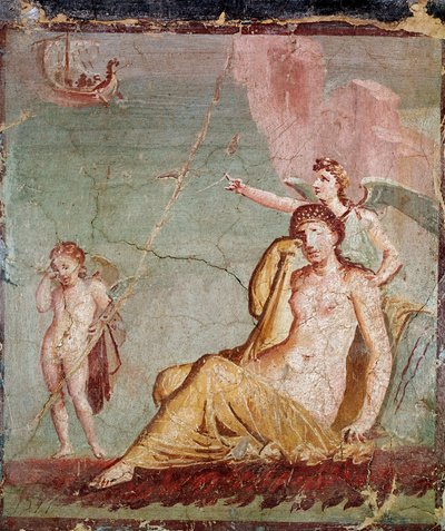 Némesis, deusa da vingança, mostra o navio Theseus, que acaba de abandonar Ariadne (fresco de Roman
