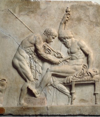 Arte neotática (neo sótão): relevo representando Telephus (Telephus) operado por um cirurgião - século I a.C., De Ercolano (Herculanum) - Nápoles, Museo Archeologico Nazionale - Telephus (ou Telephos) tratado por um cirurgião - Relevo de Roman