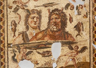 Oceanus e Tethys, Mosaico da antiga Daphne, Harbiye, Turquia. Civilização romana, século IV d.C. de Roman