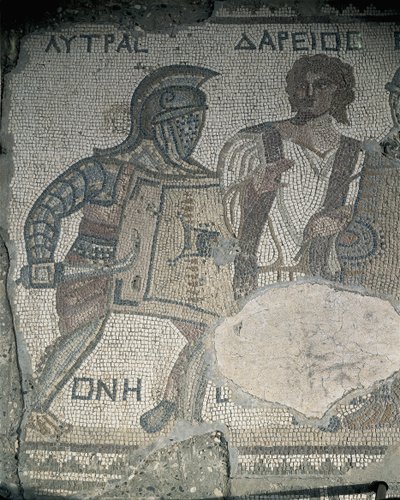 Pintura de dois gladiadores numa parede de mosaico, Kourion, Limassol, Chipre de Roman