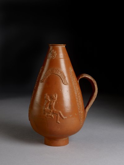 Jarro piriforme com decoração aplicada de leopardo ou chita atacando um condenado, Pan bêbado estuprando uma bacante de Roman