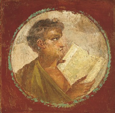Retrato de um jovem segurando um pergaminho de papiro, 55-79 d.C. (fresco) de Roman