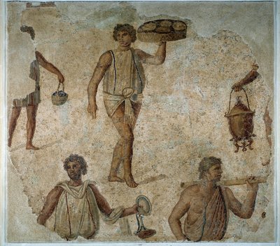 Preparativos para uma festa dionisíaca: escravo servindo uma refeição de Mosaico de Cartago. Século II ap. JC. Paris, Museu do Louvre de Roman