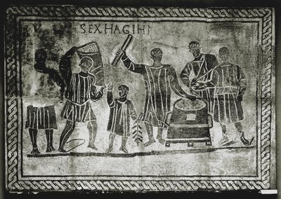 ARTE ROMANA: Medição do grão (milho). O dote de milho que Gaius Gracchus ..., século II d.C. (mosaico) de Roman